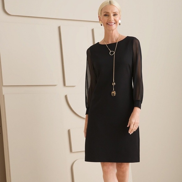 Chico’s New Women’s US 8 Solid Black Mesh Long Sleeve Shift Dress - Picture 1 of 13